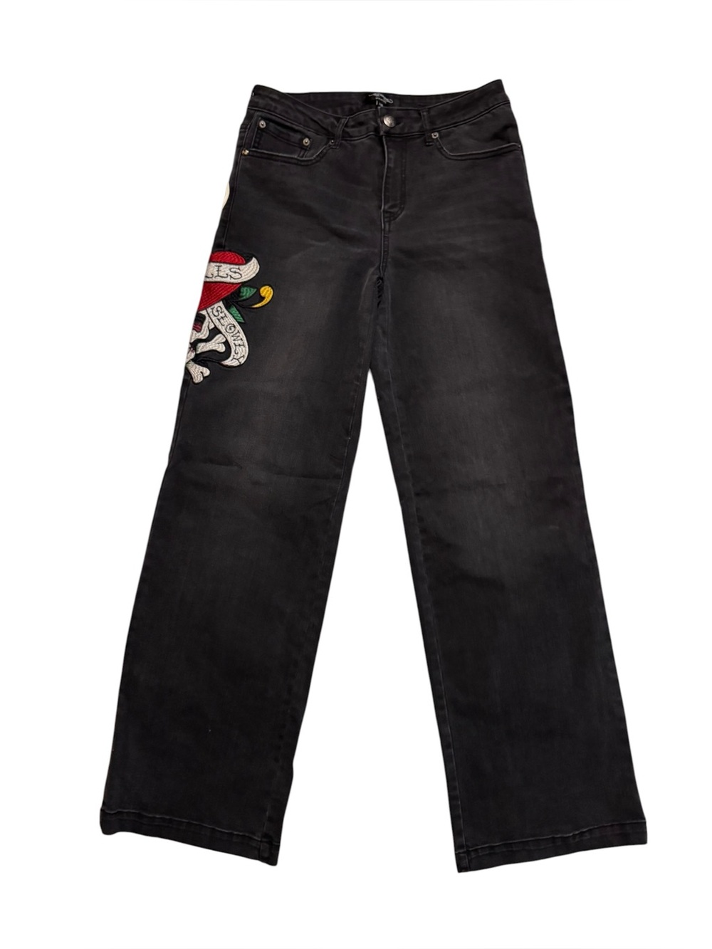 Ed Hardy Love Kills Slowly Wide Leg Faded Black Jeans Size 28 Heart Skull